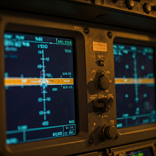 Close-up of advanced cockpit avionics screens displaying complex navigational data with deep blue and amber tones