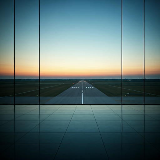 Professional aviation consultants in a modern bright glass office overlooking an airfield runway at dawn